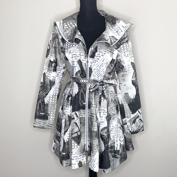 Samuel Dong Gray Newspaper Zip Up Trench Coat with Belt - Picture 2 of 12